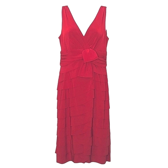 Jones New York Sleeveless V-Neck Bodycon Ruffle Tiered Sexy Midi Dress Bow Red 4 - Picture 1 of 8